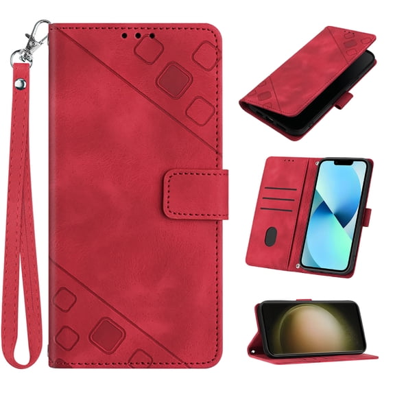 Phone Case for Samsung Galaxy A05 Case, Premium PU Leather Card Holder Wrist Strap Magnetic Closure Flip Stand Function TPU Interior Book Cover for Samsung Galaxy A05 Wallet Case, Red