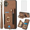 thumbnail image 1 of Phone Case for Samsung Galaxy A05 Wallet Cover with Tempered Glass Screen Protector and Wrist Strap Lanyard RFID Credit Card Holder Ring Stand Cell Accessories Ao5 A 05 Women Girl Men Brown, 1 of 6
