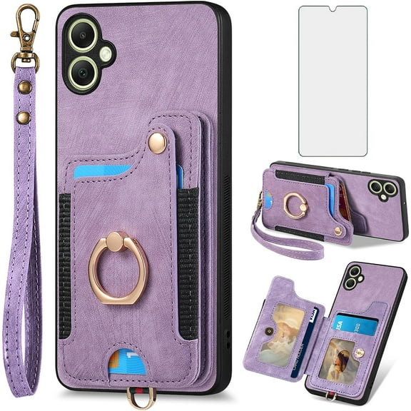 Phone Case for Samsung Galaxy A05 Wallet Cover with Tempered Glass Screen Protector and Wrist Strap Lanyard RFID Credit Card Holder Ring Stand Cell Accessories Ao5 A 05 Women Girl Men Purple
