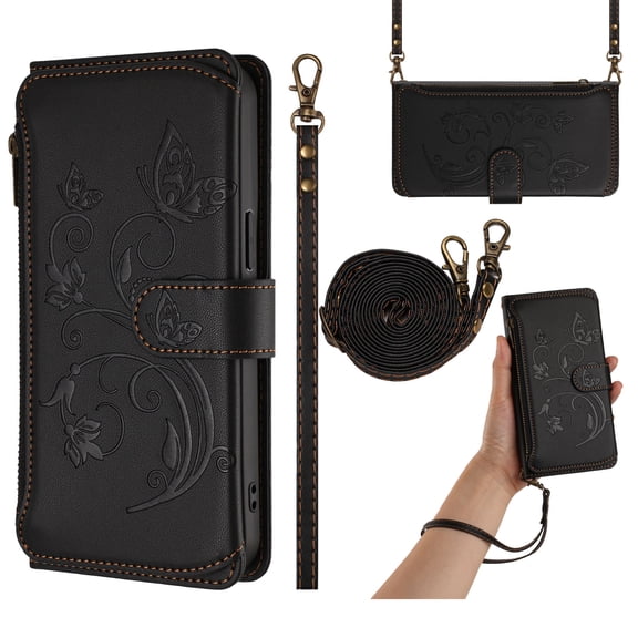 Phone Case for Samsung Galaxy A06 Wallet Cell Cover with Wrist & Shoulder Strap, Embossed Flower Flip Zipper Card Holder Slots Stand PU Leather Wallet Case for Women Girls Men Women, Black