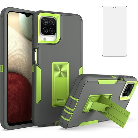 Phone Case for Samsung Galaxy A12/M12 with Tempered Glass Screen Protector Cover and Slim Stand Hybrid Rugged Cell Mobile Accessories A 12 5G A-12 S12 12A 4G Women Men Green