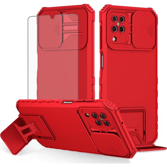 Phone Case for Samsung Galaxy A12/M12 with Tempered Glass Screen Protector and Slide Camera Cover Kickstand Stand Slim Protective Hard Cell Accessories A 12 5G A-12 S12 12A 4G Women Men Red