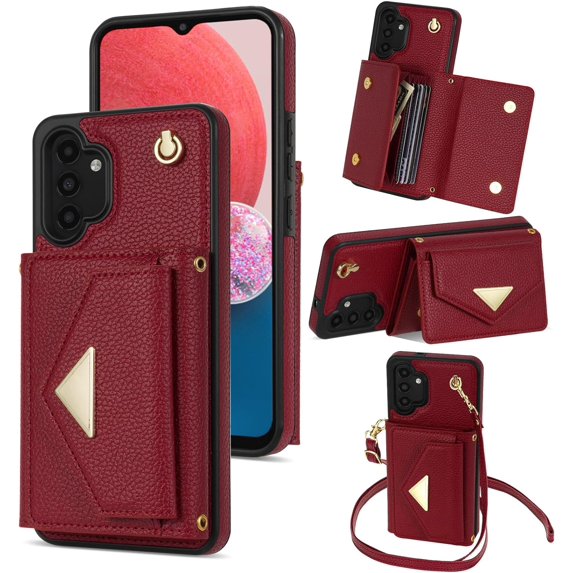 Phone Case for Samsung Galaxy A13 4G/5G Wallet Cell Cover with Credit Card Holder Slot Stand Shoulder Purse Crossbody Strap Long Lanyard Leather A04s M13 G5 A 13 LTE 13A 2022 Women Girl Red
