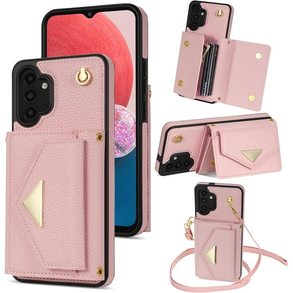 Phone Case for Samsung Galaxy A13 4G/5G Wallet Cell Cover with Credit Card Holder Slot Stand Shoulder Purse Crossbody Strap Long Lanyard Leather A04s M13 G5 A 13 LTE 13A 2022 Women Girl Pink