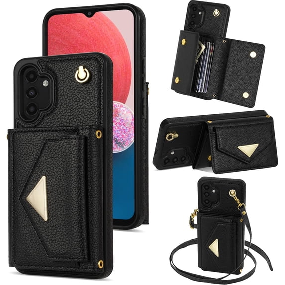 Phone Case for Samsung Galaxy A13 4G/5G Wallet Cell Cover with Credit Card Holder Slot Stand Shoulder Purse Crossbody Strap Long Lanyard Leather A04s M13 G5 A 13 LTE 13A 2022 Women Girl Black