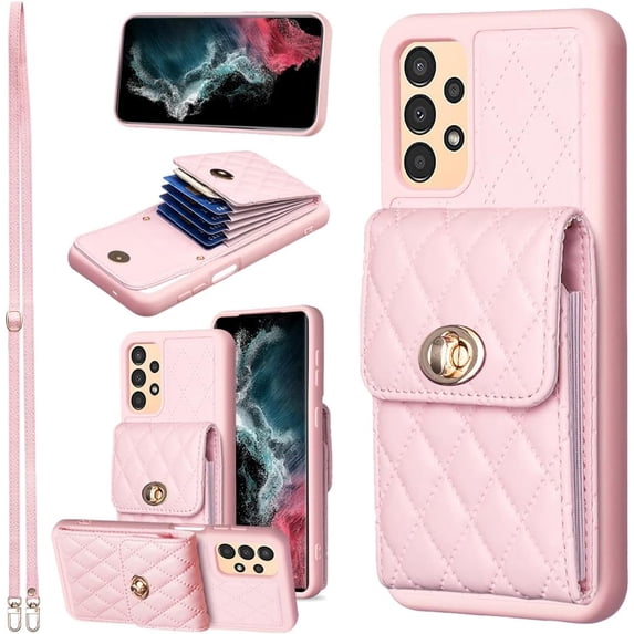 Phone Case for Samsung Galaxy A13 4G/5G Wallet Cover with Credit Card Holder Slot Shoulder Crossbody Strap Long Lanyard Leather Cell Accessories A04s M13 G5 A 13 LTE 13A 2022 Women Girls Pink