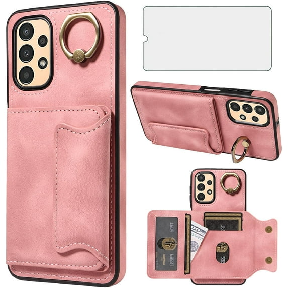 Phone Case for Samsung Galaxy A13 4G Wallet Cover with Tempered Glass Screen Protector and Ring Stand Credit Card Holder Slot Leather Cell A 13 LTE 2022 13A SM-A135U Women Girls Pink