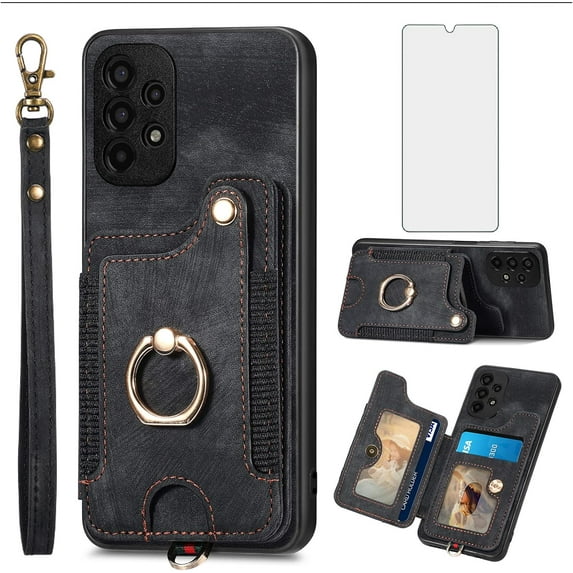 Phone Case for Samsung Galaxy A13 4G Wallet Cover with Tempered Glass Screen Protector Wrist Strap Lanyard RFID Credit Card Holder Ring Stand Cell Accessories A 13 LTE 2022 13A SM-A135U Women Black