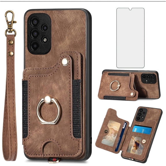 Phone Case for Samsung Galaxy A13 4G Wallet Cover with Tempered Glass Screen Protector Wrist Strap Lanyard RFID Credit Card Holder Ring Stand Cell Accessories A 13 LTE 2022 13A SM-A135U Women Brown