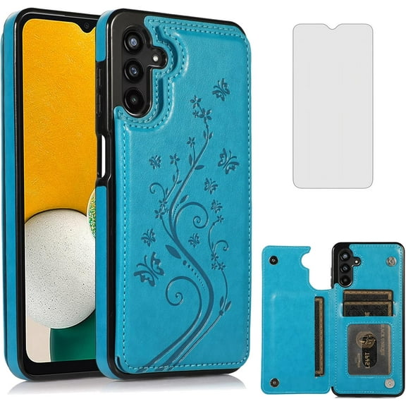 Phone Case for Samsung Galaxy A13 5G/4G with Tempered Glass Screen Protector Card Holder Wallet Cover Stand Flip Leather Cell Accessories A04s M13 G5 A 13 LTE 13A 2022 Women Men Blue