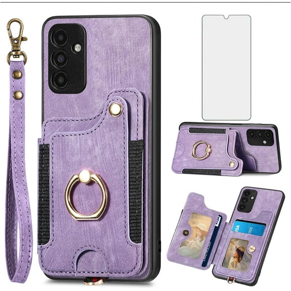 Phone Case for Samsung Galaxy A13 5G Wallet Cover with Tempered Glass Screen Protector and Wrist Strap Lanyard RFID Credit Card Holder Ring Stand Cell Accessories SM-A136U SM-A136U1 Women Men Purple