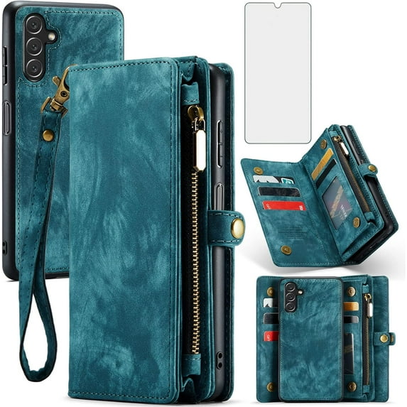 Phone Case for Samsung Galaxy A13 5G Zipper Wallet Detachable Cover with Tempered Glass Screen Protector and Flip Card Holder Cell Accessories Gaxaly A 13 G5 2022 13A A135G SM A136U Men Blue