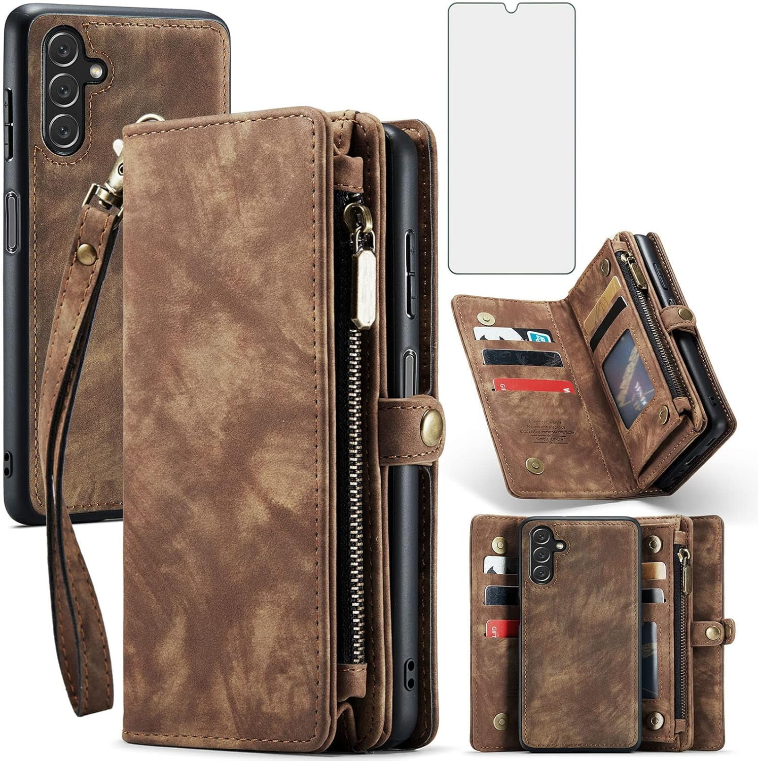 Phone Case for Samsung Galaxy A13 5G Zipper Wallet Detachable Cover with Tempered Glass Screen Protector and Flip Card Holder Cell Accessories Gaxaly A 13 G5 2022 13A A135G SM A136U Men Brown