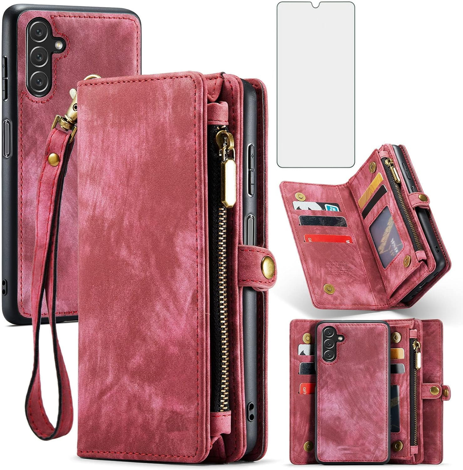 Phone Case for Samsung Galaxy A13 5G Zipper Wallet Detachable Cover with Tempered Glass Screen Protector and Flip Card Holder Cell Accessories Gaxaly A 13 G5 2022 13A A135G SM A136U Men Red