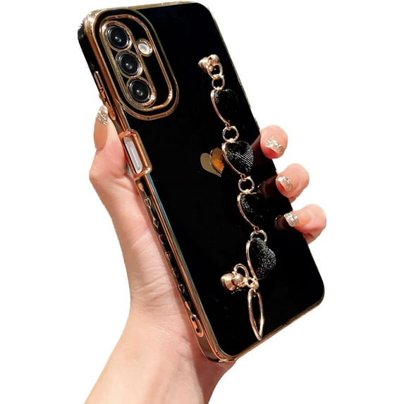 Phone Case for Samsung Galaxy A13 5g 6.5" with Elegant Heart Bracelet Strap Luxury Plating Cute Love Heart Cover with Hand Chain for Women Camera Protection Soft Shockproof Bumper (Black)