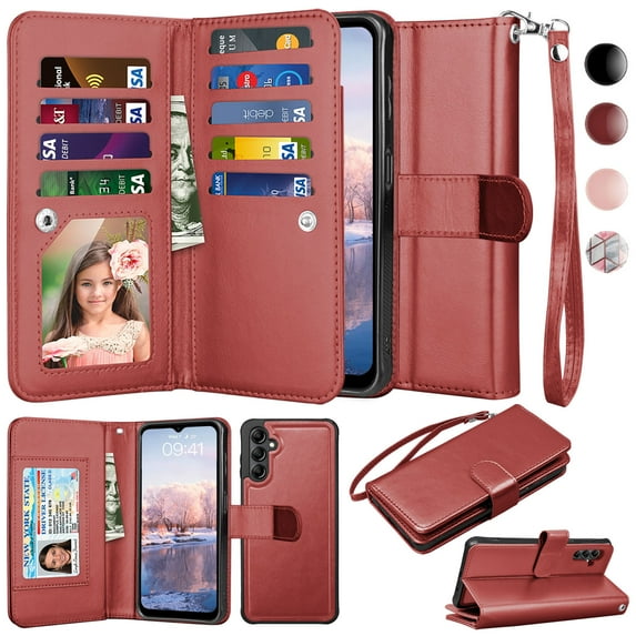 Phone Case for Samsung Galaxy A14 5G, PU Leather Wallet Case Cover and Cash Credit Card Holder for Women Men, Ebizware Detachable Wallet Case with Magnetic Kickstand & Strap-Wine Red