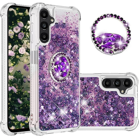 Phone Case for Samsung Galaxy A14 5G,Shockproof Clear Quicksand Glitter Flowing Liquid with Bling Diamond Ring Stand,Cute Women Girls Case for Galaxy A14 4G/5G 6.6'' LS-Purple