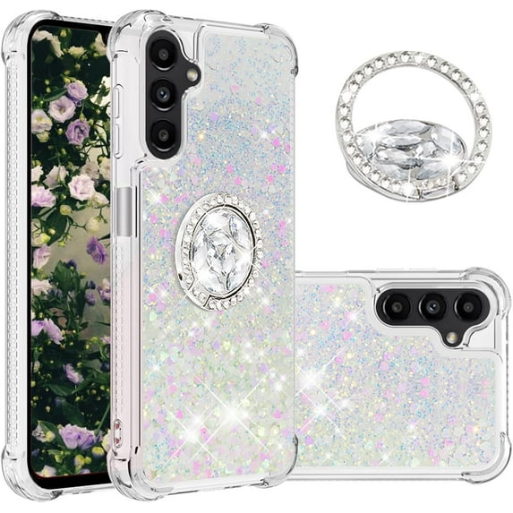 Phone Case for Samsung Galaxy A14 5G,Shockproof Clear Quicksand Glitter Flowing Liquid with Bling Diamond Ring Stand,Cute Women Girls Case for Galaxy A14 4G/5G 6.6'' LS-Colorful