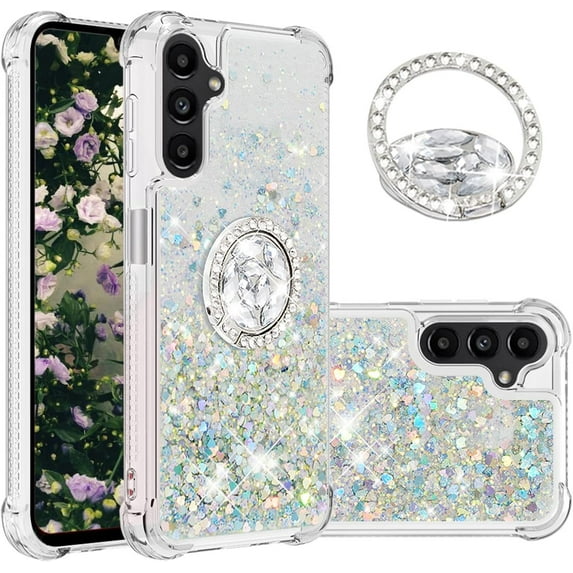 Phone Case for Samsung Galaxy A14 5G,Shockproof Clear Quicksand Glitter Flowing Liquid with Bling Diamond Ring Stand,Cute Women Girls Case for Galaxy A14 4G/5G 6.6'' LS-Silver