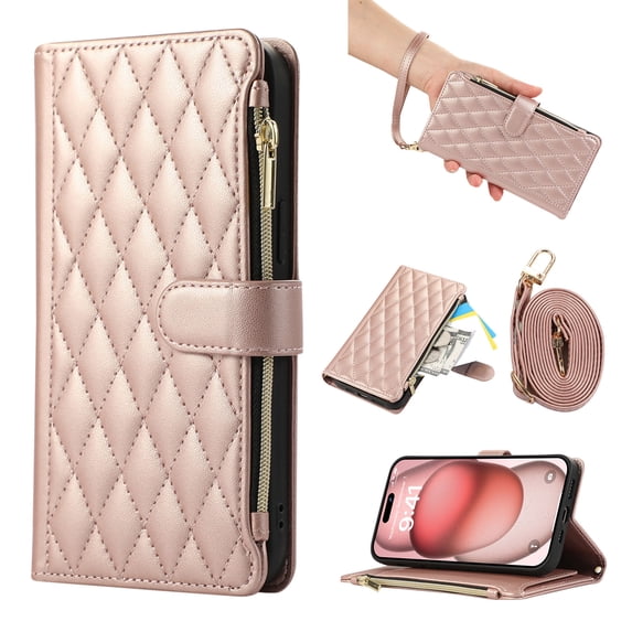 Phone Case for Samsung Galaxy A14 5G, Wallet Case Luxury Folio Flip PU Leather Full Body Protection Cover with Zipper Pocket & Wrist Strap & Kickstand & Shoulder Strap for A14 5G, Rosegold