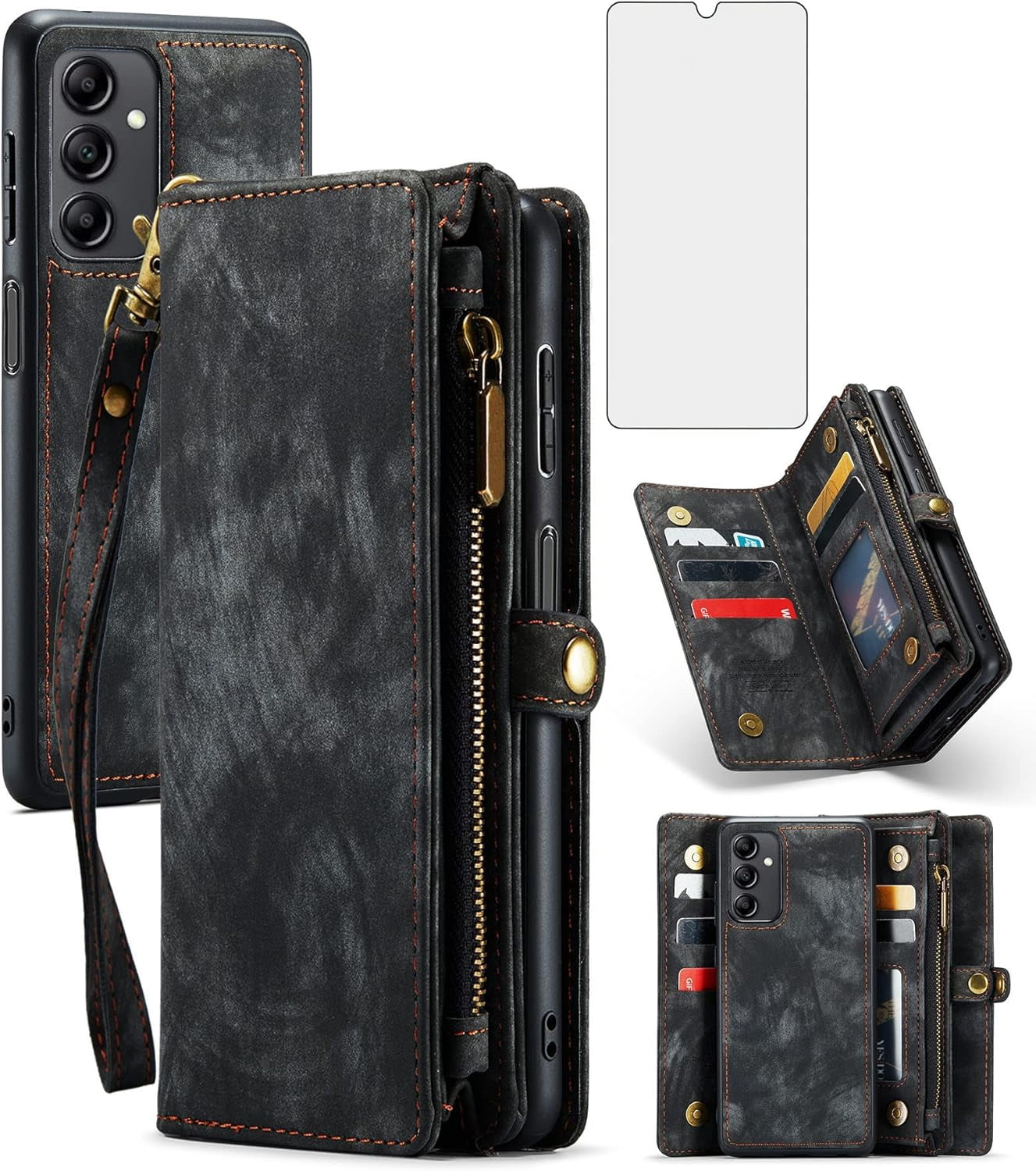 Phone Case for Samsung Galaxy A14 5G Zipper Wallet Detachable Cover with Tempered Glass Screen Protector and Leather Flip Credit Card Holder TPU Cell Accessories A 14 4G 14A G5 Women Men Black