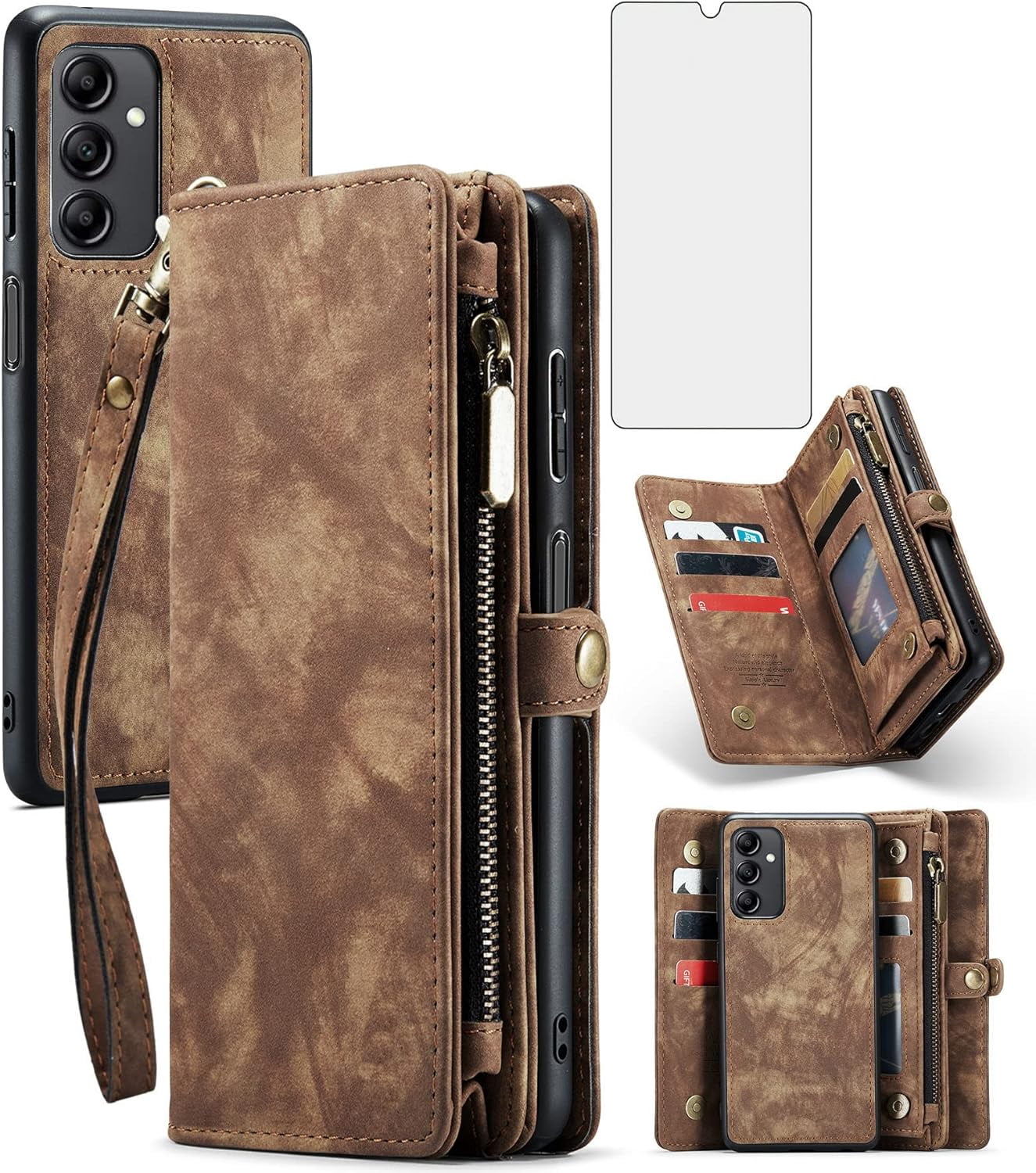 Phone Case for Samsung Galaxy A14 5G Zipper Wallet Detachable Cover with Tempered Glass Screen Protector and Leather Flip Credit Card Holder TPU Cell Accessories A 14 4G 14A G5 Women Men Brown