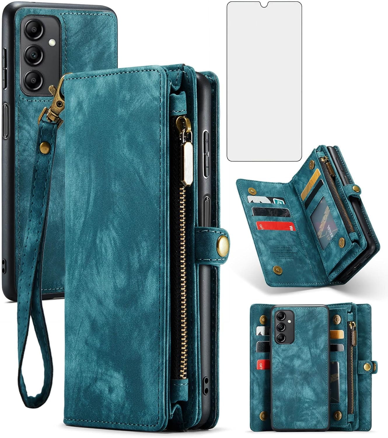 Phone Case for Samsung Galaxy A14 5G Zipper Wallet Detachable Cover with Tempered Glass Screen Protector and Leather Flip Credit Cash Card Holder Cell Accessories A 14 4G 14A G5 Women Men Blue