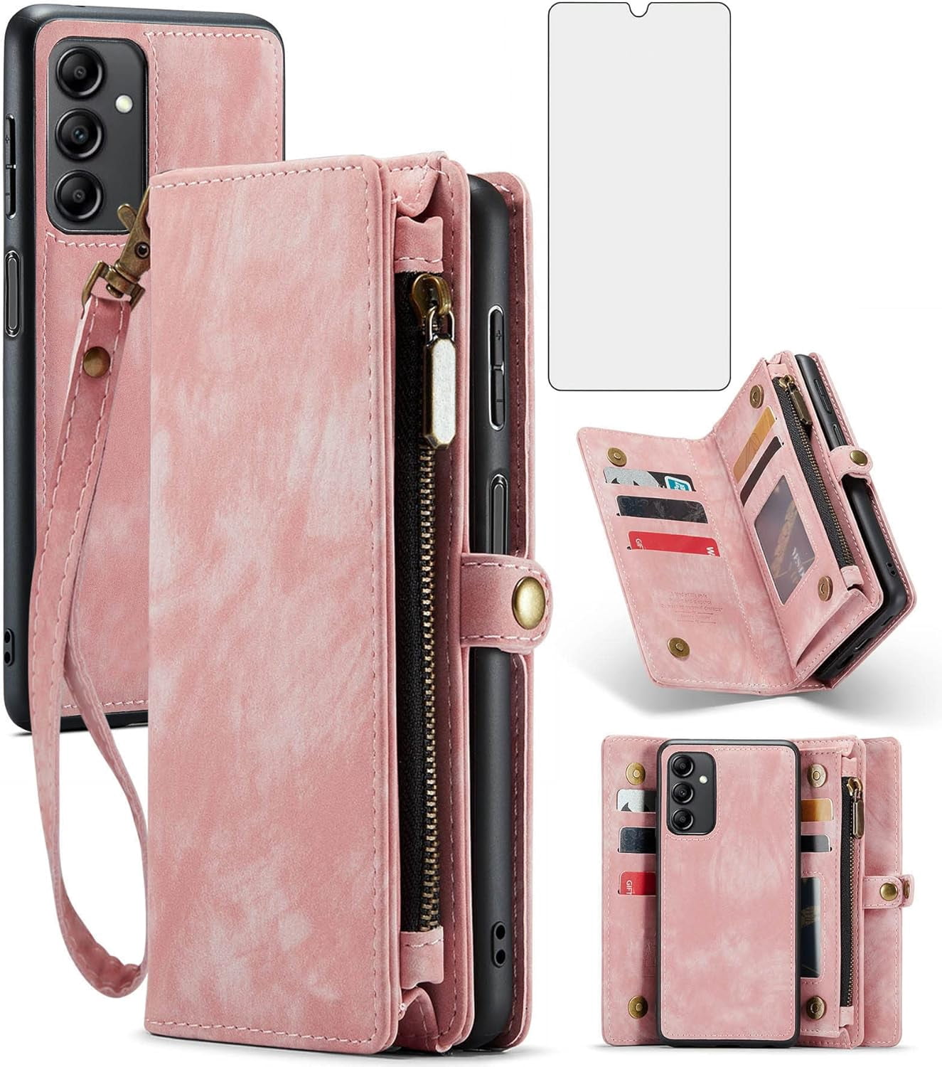 Phone Case for Samsung Galaxy A14 5G Zipper Wallet Detachable Cover with Tempered Glass Screen Protector and Leather Flip Credit Cash Card Holder Cell Accessories A 14 4G 14A G5 Women Men Pink