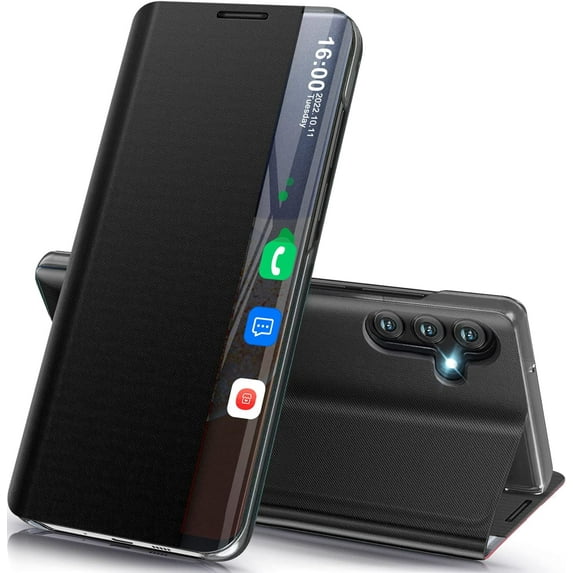 Phone Case for Samsung Galaxy A14 Case, Smart Clear View Window Luxury Slim Mirror for Galaxy A14 Case with Kickstand, Leather Hard PC Flip Shockproof Protective Cover Samsung A14 5G Case, Black