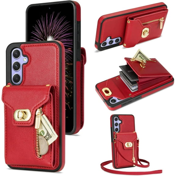 Phone Case for Samsung Galaxy A14/M14 5G Wallet Cover with Credit Card Holder Zipper Crossbody Strap Lanyard Leather Stand Cell Shoulder Mobile Accessories A 14 4G 14A 14M G5 Women Girls Red