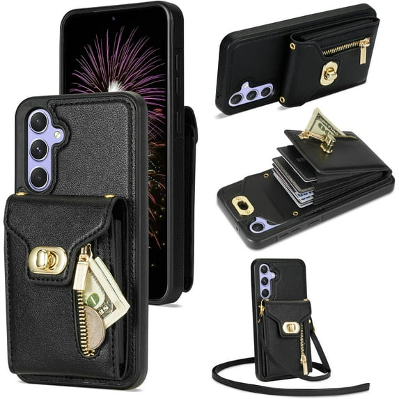Phone Case for Samsung Galaxy A14/M14 5G Wallet Cover with Credit Card Holder Zipper Slot Crossbody Strap Lanyard Leather Stand Cell Shoulder Mobile Accessories A 14 4G 14A 14M G5 Women Girls Black