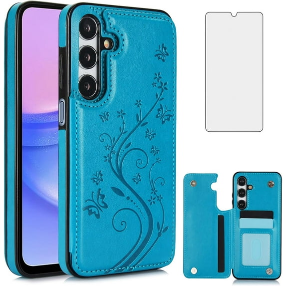 Phone Case for Samsung Galaxy A15 5G/4G with Tempered Glass Screen Protector Card Holder Wallet Cover Stand Flip Leather Cell Accessories Glaxay A 15 15A SM A156B A155F Cases Women Men Blue