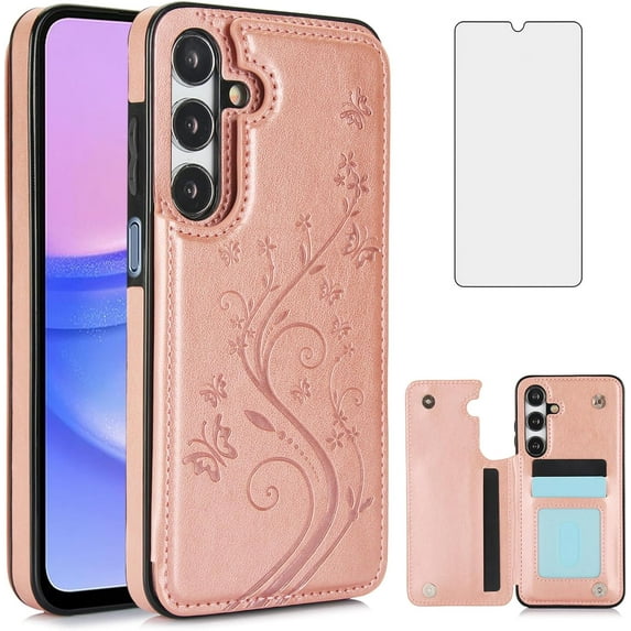 Phone Case for Samsung Galaxy A15 5G/4G with Tempered Glass Screen Protector Card Holder Wallet Cover Stand Flip Leather Cell Accessories Glaxay A 15 15A SM A156B A155F Cases Women Rose Gold