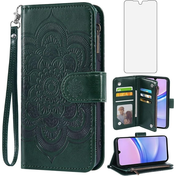 Phone Case for Samsung Galaxy A15 5G Wallet Cover with Tempered Glass Screen Protector and Flower Leather Flip Credit Card Holder Stand Mobile Cell Accessories A 15 4G 15A Women Men Dark Green
