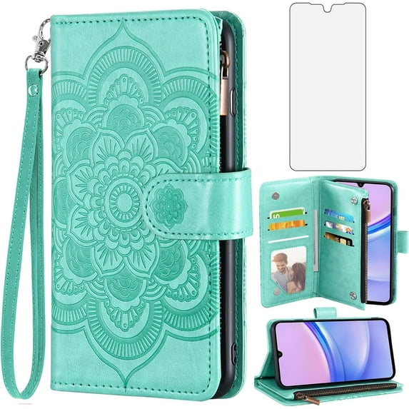 Phone Case for Samsung Galaxy A15 5G Wallet Cover with Tempered Glass Screen Protector and Flower Leather Flip Credit Card Holder Stand Wrist Strap Cell Accessories A 15 4G 15A Women Men Green