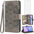 thumbnail image 1 of Phone Case for Samsung Galaxy A15 5G Wallet Cover with Tempered Glass Screen Protector and Flower Leather Flip Credit Card Holder Stand Wrist Strap Cell Accessories A 15 4G 15A Women Men Grey, 1 of 13