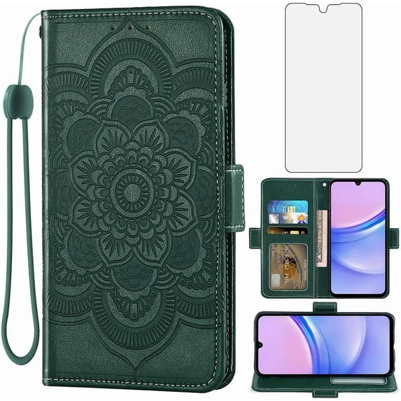 Phone Case for Samsung Galaxy A15 5G Wallet Cover with Tempered Glass Screen Protector and Leather Flip Credit Card Holder Stand Wrist Strap Cell Accessories A 15 4G 15A Women Men Dark Green