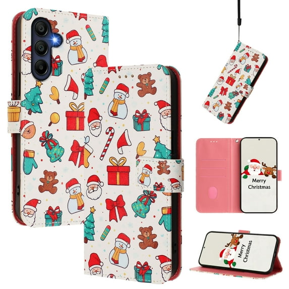 Phone Case for Samsung Galaxy A16 5G/4G, Luxury Christmas Pattern Card Slots Cash Pocket Magnetic Clasp Full Body Protection Shockproof Kickstand Wallet Flip Case with Wrist Strap for A16 5G/4G, A