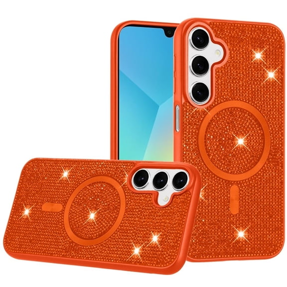 Phone Case for Samsung Galaxy A16 5G Magnetic Bling Diamond Sparkle Hybrid Shockproof Rugged Grip Durable Protection Anti-Slip Armor Design Cover [Cosmic Orange]