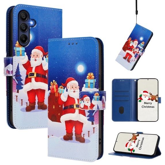 Phone Case for Samsung Galaxy A17 5G, Luxury Christmas Pattern Card Slots Cash Pocket Magnetic Clasp Full Body Protection Shockproof Kickstand Wallet Flip Case with Wrist Strap for A17 5G, D