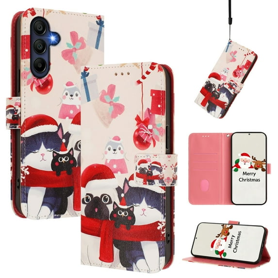 Phone Case for Samsung Galaxy A17 5G, Luxury Christmas Pattern Card Slots Cash Pocket Magnetic Clasp Full Body Protection Shockproof Kickstand Wallet Flip Case with Wrist Strap for A17 5G, E