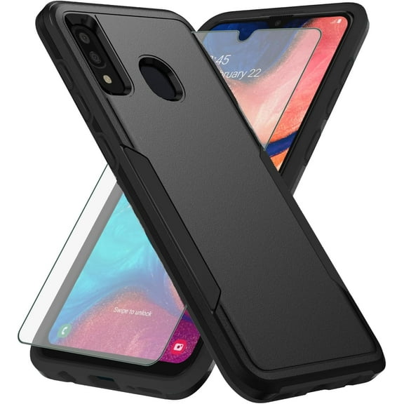 Phone Case for Samsung Galaxy A20 A30 with Tempered Glass Screen Protector Cover and Slim Thin Hybrid Full Body Protective Mobile Cell Accessories M10s A 30 20A SM A205G Women Men Black