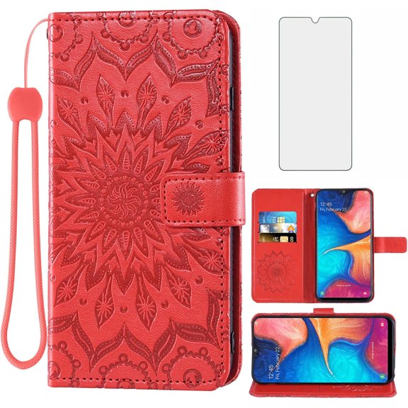 Phone Case for Samsung Galaxy A20 A30 Wallet Cases with Tempered Glass Screen Protector Leather Flip Cover Card Holder Stand Cell Accessories Glaxay M10s A 20 30 Gaxaly 20A SM A205G Women Men Red
