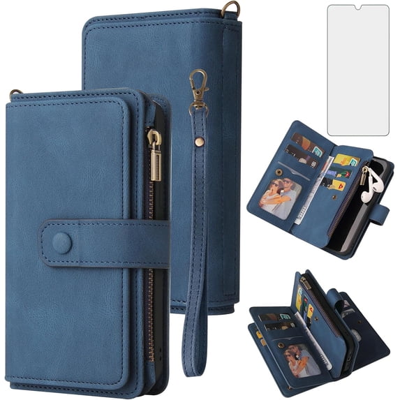 Phone Case for Samsung Galaxy A20 A30 Wallet Cover with Tempered Glass Screen Protector and Wrist Strap Leather Flip Credit Card Holder Slot Stand Cell M10s A 30 20A SM A205G Women Men Blue