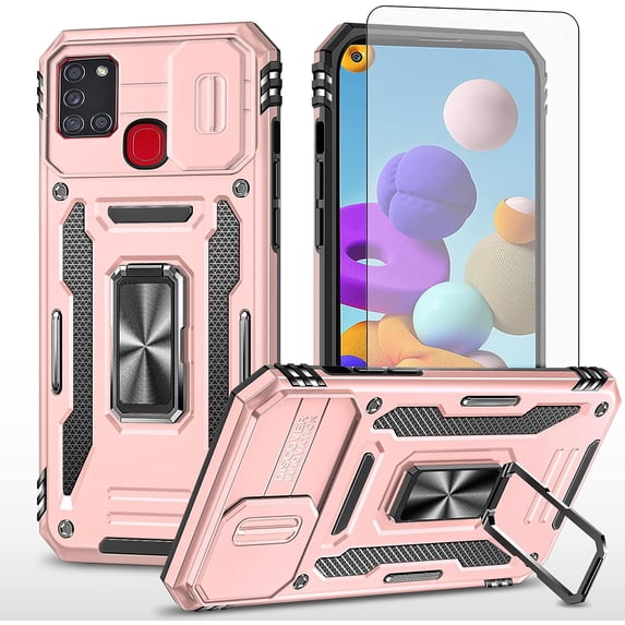 Phone Case for Samsung Galaxy A21S with Tempered Glass Screen Protector and Slide Camera Cover Magnetic Ring Holder Kickstand Stand Cell Accessories Glaxay Galaxies A 21S Women Men Rose Gold
