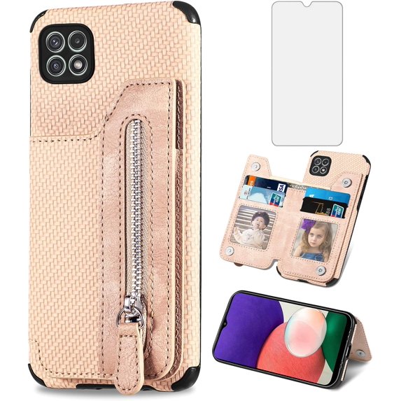 Phone Case for Samsung Galaxy A22 5G/Boost Mobile Celero 5G Wallet Cover with Tempered Glass Screen Protector and Zipper Credit Card Holder Stand Leather Cell Celero5G Gaxaly A 22 22A G5 Women Beige