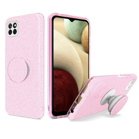 Phone Case for Samsung Galaxy A22 5GGlitter Sparkle Slim Bling Hybrid Protective with Round Stand Shockproof Soft TPU Rubber Cover for Galaxy A22 5G - Pink