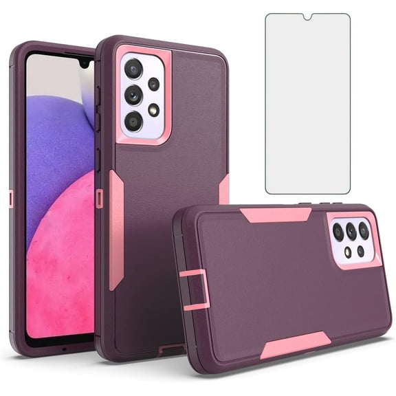 Phone Case for Samsung Galaxy A23 5G/4G with Tempered Glass Screen Protector Cover and Slim Rugged Hybrid Dual Layer Film Hard Cell Accessories Protective Gaxaly A 23 23A 6.6 Women Men Purple