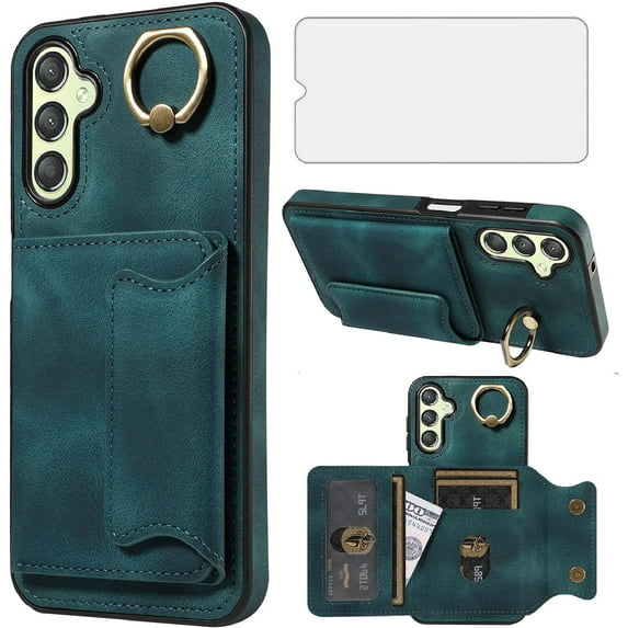 Phone Case for Samsung Galaxy A24 4G/5G Wallet Cover with Tempered Glass Screen Protector and Ring Stand Credit Card Holder Slot Leather Cell A 24 24A LTE Women Girls Green