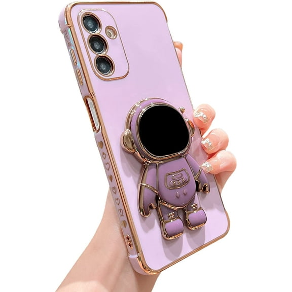 Phone Case for Samsung Galaxy A24 4g 6.5" Luxury Plating Astronaut Stand Holder Phone Case with Cute Love Heart Side Small Pattern Soft Silicone Shockproof Kickstand Cover Bumper (Purple)